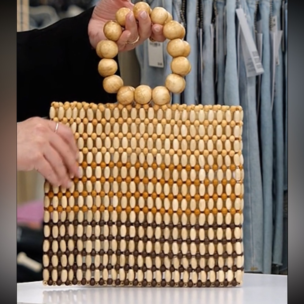 Beaded Wood Top-Handle Tote Bag in Natural